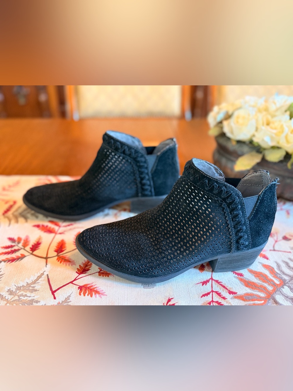 Earth Black Perforated Suede Ankle Booties, 9W